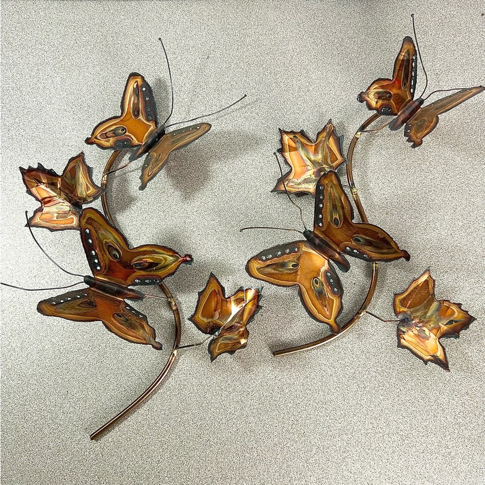 Vintage Metal wall art Butterfly leaves copper Boho butterflies set of two‎